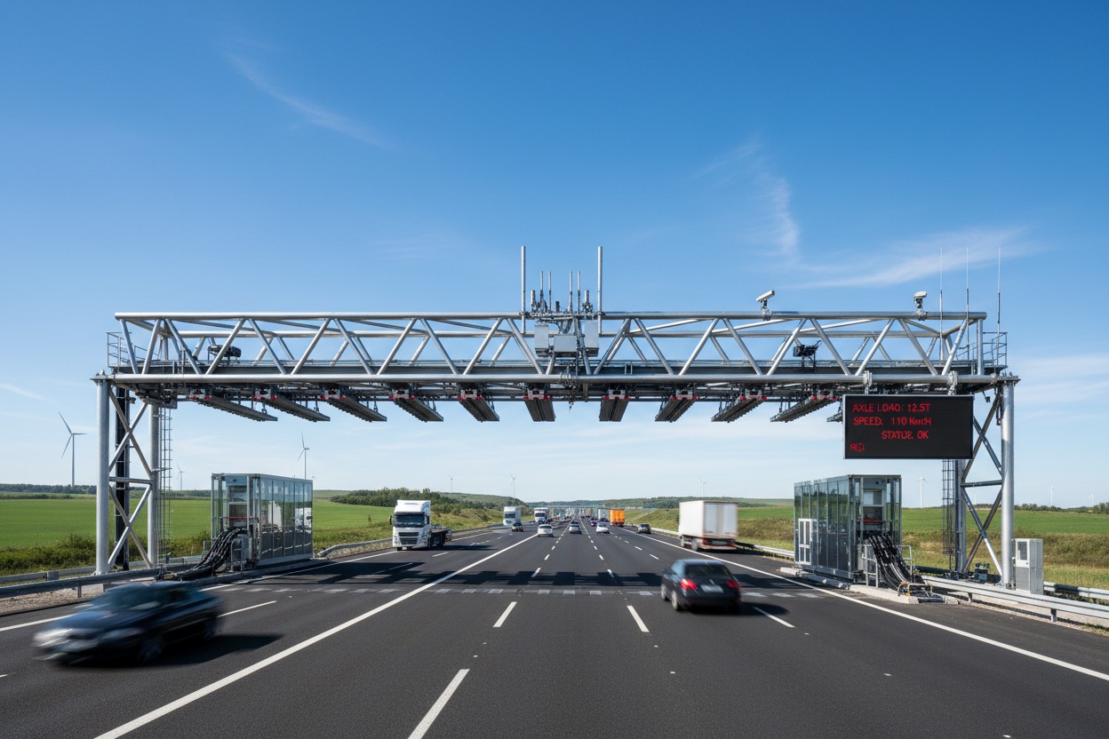 A metal toll gantry with electronic sensors spans across a multi-lane highway with passing cars and trucks under a clear blue sky.