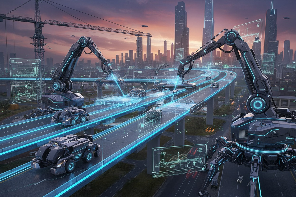 Futuristic robotic arms and automated vehicles construct and maintain a multi-level highway system against a sunset city skyline.