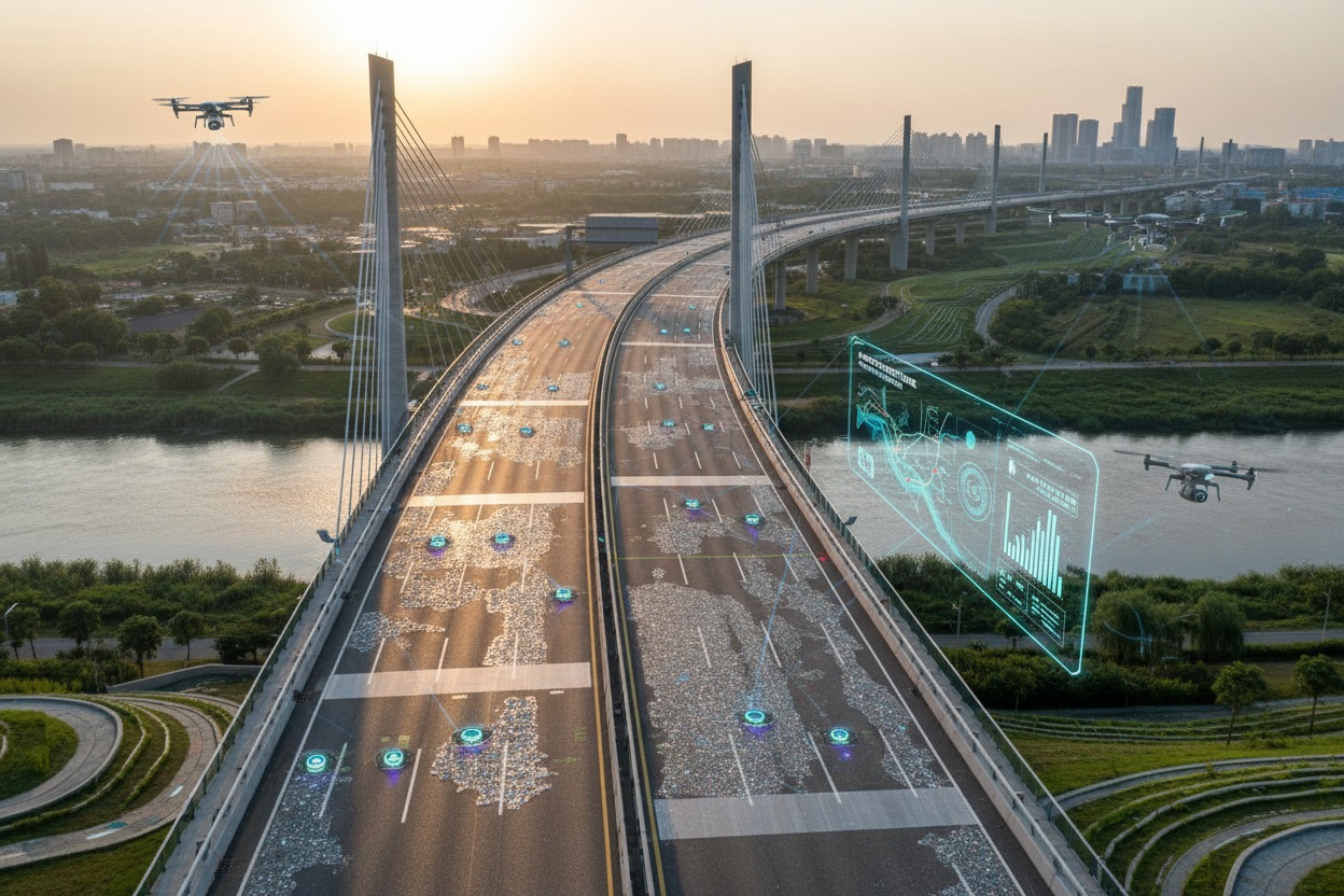 Drones monitor traffic on a modern highway bridge with digital data overlays visible in the air.