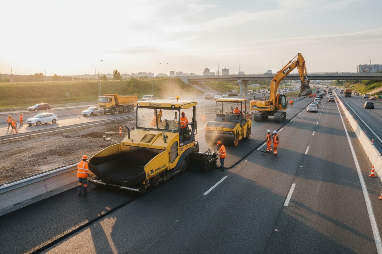 Construction workers and heavy machinery pave a highway under a bright sky.